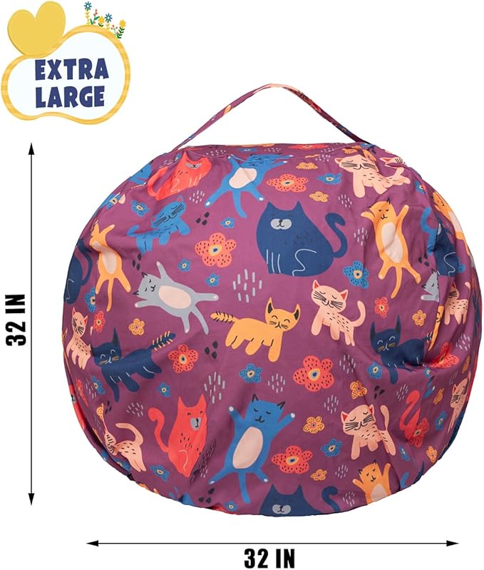 Stuffed Animal Storage Bean Bag Chair Cover, Hold Kids Plush Toys Blankets Towels Beanbag (Cover Only), Canvas Floor Circle Stuff Sit Seat Sofa with YKK Zipper, Large 32", Cat - LeafyLoom