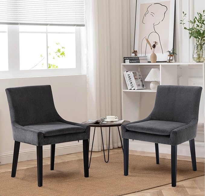 COLAMY Modern Dining Chairs Set of 4, Upholstered Corduroy Accent Side Leisure Chairs with Mid Back and Wood Legs for Living Room/Dining Room-Grey - LeafyLoom