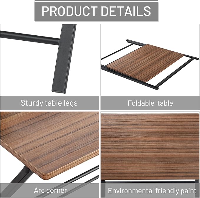 Folding Desk, Foldable Table Space Saving Computer Sturdy Writing Table Workstation for Home Office with Metal Frames/Wood Top Laptop, No Assembly Required, Brown - LeafyLoom