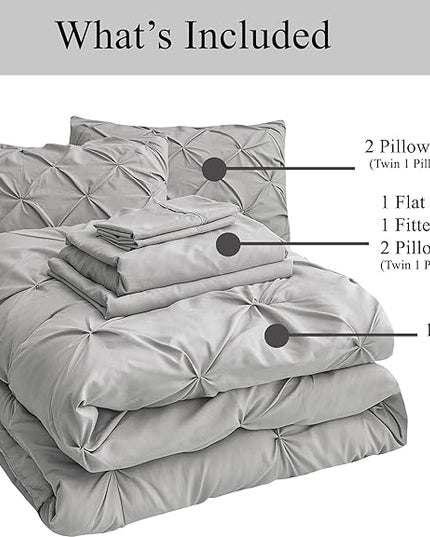 LANE LINEN Twin XL Comforter Set, 5 Piece Twin XL Bedding Set, Pintuck Twin XL Bed in a Bag, Twin XL Bed Set, Twin XL Bed Comforter Set with Sheets, Pillowcase & Sham, Bedding Comforter Sets - Silver - LeafyLoom