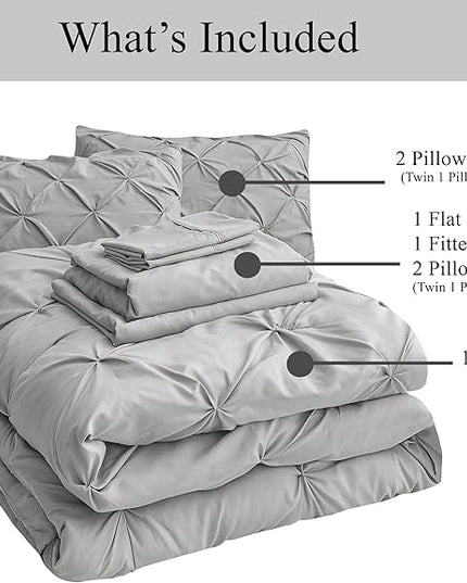LANE LINEN 7 Piece Queen Comforter Set with Sheets, Pintuck Bedding Queen Size Set, Soft Bed in A Bag Queen, Pinch Pleated Queen Bed Set, Fluffy Queen Bedding Set with Pillowcases & Shams - Silver - LeafyLoom