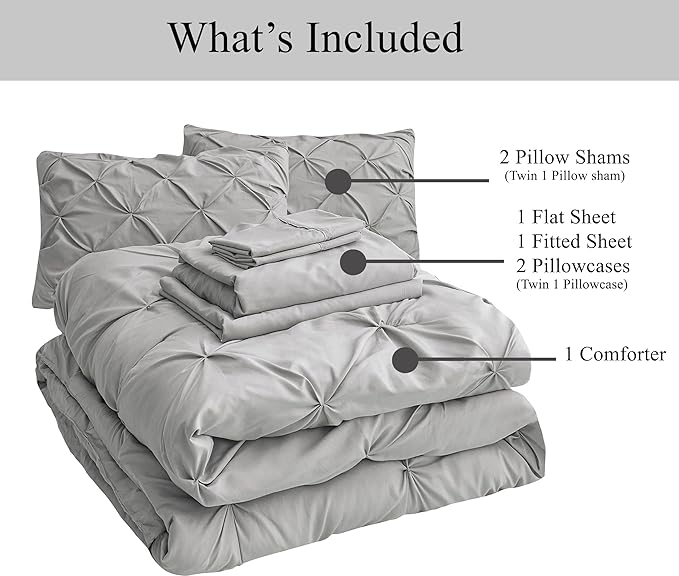 LANE LINEN Twin Comforter Set with Sheets, 5 Piece Twin Bed in a Bag Set, Pintuck Twin Bedding Sets, Ultra Soft Twin Bed Set, Fluffy Comforter, Twin Size Comforter Set with Pillowcases & Shams-Silver - LeafyLoom