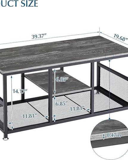 VECELO Coffee Center Table with Storage for Living Room Office Reception, Modern & Industrial Mesh Shelf, 39.4 Inch, Charcoal Grey - LeafyLoom