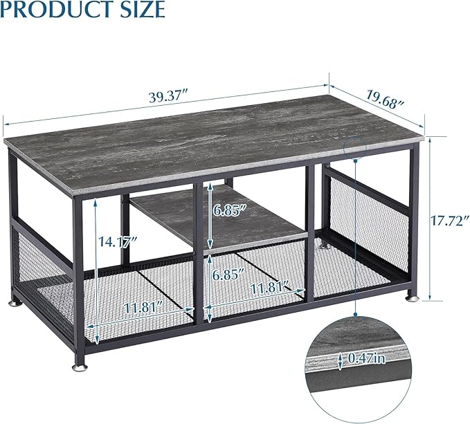 VECELO Coffee Center Table with Storage for Living Room Office Reception, Modern & Industrial Mesh Shelf, 39.4 Inch, Charcoal Grey - LeafyLoom