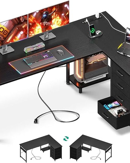 AODK L Shaped Desk with 4 Tier Drawers, 61" Reversible Gaming Desk with Power Outlets, L Shaped Computer Desk with USB Charging Port and Host Stand, Home Office Corner Desk, Easy to Assemble, Black - LeafyLoom