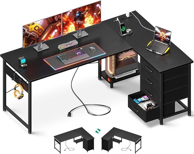 AODK L Shaped Desk with 4 Tier Drawers, 61" Reversible Gaming Desk with Power Outlets, L Shaped Computer Desk with USB Charging Port and Host Stand, Home Office Corner Desk, Easy to Assemble, Black - LeafyLoom
