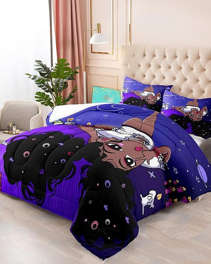 Black Girl Full Size Comforter Set for Girls, African American Girls Bedding Sets Full Girls Bedroom Decor Purple Princess Bed Set Kids Comforter Sets with 1 Comforter +2 Pillowcase - LeafyLoom