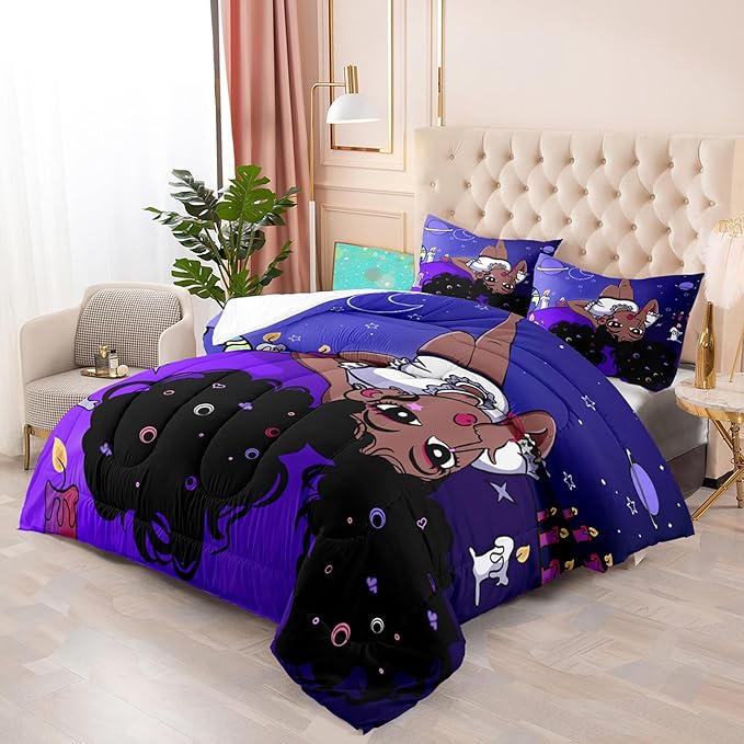 Black Girl Full Size Comforter Set for Girls, African American Girls Bedding Sets Full Girls Bedroom Decor Purple Princess Bed Set Kids Comforter Sets with 1 Comforter +2 Pillowcase - LeafyLoom