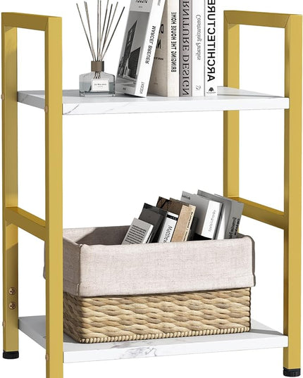 Small Bookshelf for Small Space, 2 Tier Bookcase Narrow Book Case Storage Organizer Book Shelf for Living Room, Bedroom and Office, Easy Assembly(2 Tier,Gold) - LeafyLoom