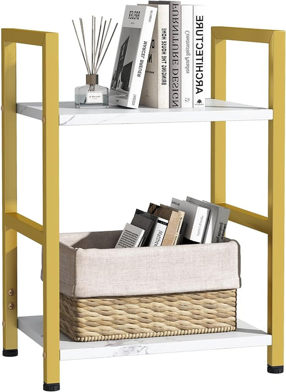 Small Bookshelf for Small Space, 2 Tier Bookcase Narrow Book Case Storage Organizer Book Shelf for Living Room, Bedroom and Office, Easy Assembly(2 Tier,Gold) - LeafyLoom