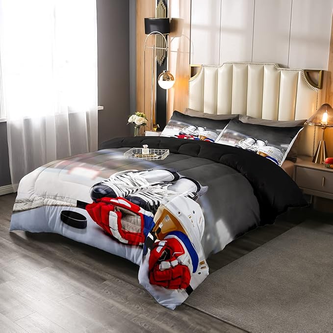 Erosebridal Ice Hockey Comforter Set Queen, Hockey Player Down Comforter for Kids Boys Girls Teens Juvenile, Sports Game Duvet Set, Soft Winter Quilted Duvet Sports Bedroom Decor for All Season - LeafyLoom