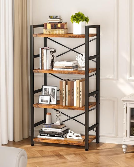 Bookshelf, 4 Tier Small Bookcase, Organizers and Storage, Metal Small Bookcase, Rustic Book Shelf Organization and Storage for Living Room, Bedroom, and Home Office(Rustic Brown) - LeafyLoom