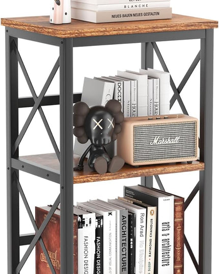 YMYNY 3 Tiers Bookcase, Industrial Metal Bookshelf with Side Fence, Storage Organizer for Living Room, Home Office, Bedroom, Display Racks, Sofa Side Table, Rustic Brown, 29.5*15.75*11.4" UHST008H - LeafyLoom