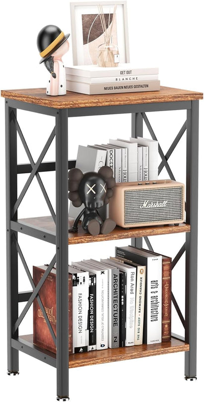 YMYNY 3 Tiers Bookcase, Industrial Metal Bookshelf with Side Fence, Storage Organizer for Living Room, Home Office, Bedroom, Display Racks, Sofa Side Table, Rustic Brown, 29.5*15.75*11.4" UHST008H - LeafyLoom