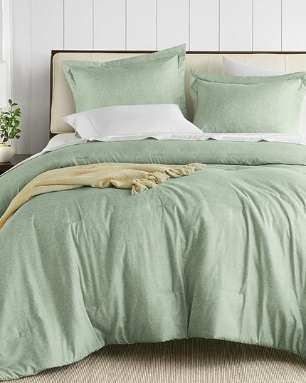 Degrees of Comfort Sage Green Comforter Set Queen Size, Lightweight for Summer with Soft Chambray Print Cover, Down Alternative Filling, 3 Pieces Bedding Including 1 Comforter, 2 Pillow Shams - LeafyLoom