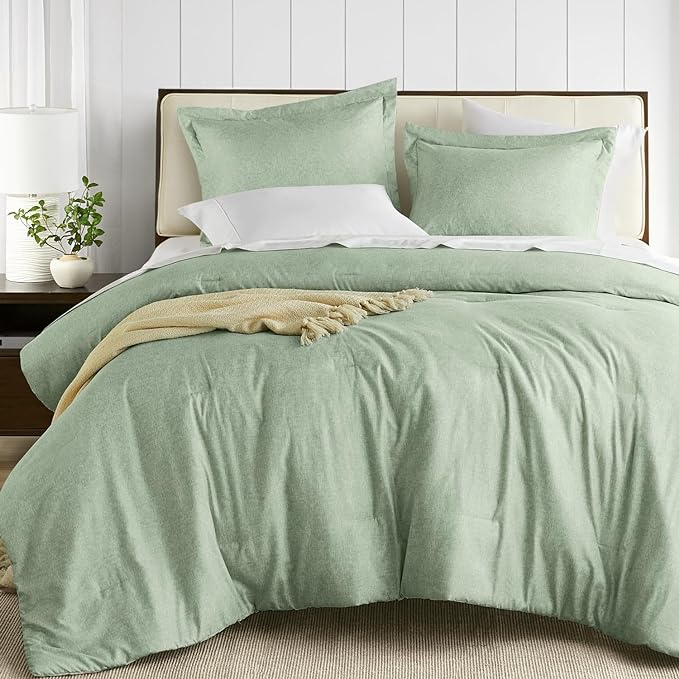 Degrees of Comfort Sage Green Comforter Set King Size, Lightweight Summer Comforters, Soft Chambray Print Cover, Down Alternative Filling, 3 Pieces Bedding Sets Including 1 Comforter and 2 Pillow Sham - LeafyLoom