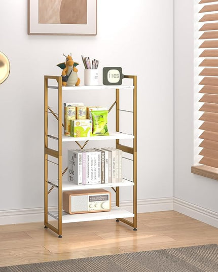 4 Tiers Bookshelf Adjustable White Faux Marble Organizer, Modern Small Bookcase for Small Space,Industrial Wooden Storage Display Rack and Storage Organizer for Living Room Home Office(Glod) - LeafyLoom