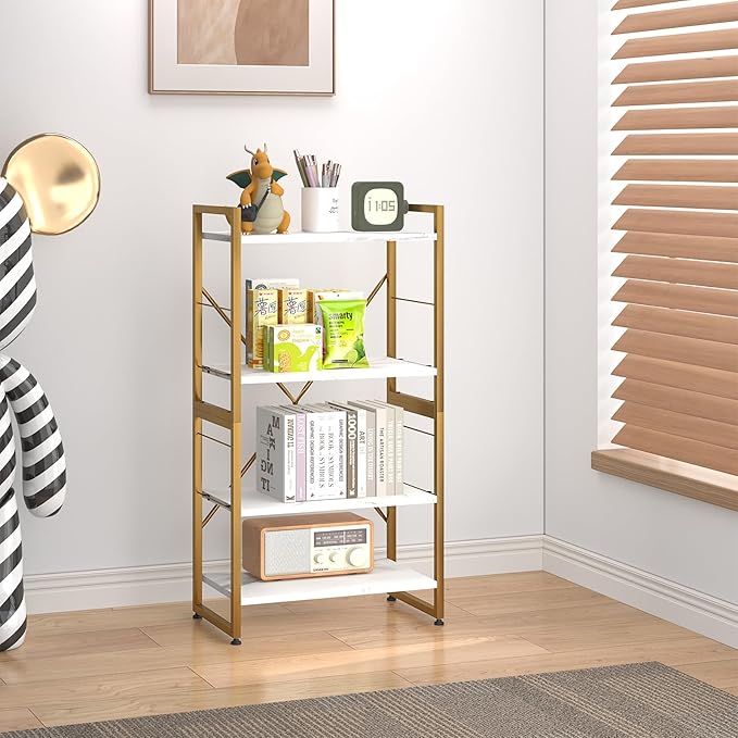 4 Tiers Bookshelf Adjustable White Faux Marble Organizer, Modern Small Bookcase for Small Space,Industrial Wooden Storage Display Rack and Storage Organizer for Living Room Home Office(Glod) - LeafyLoom
