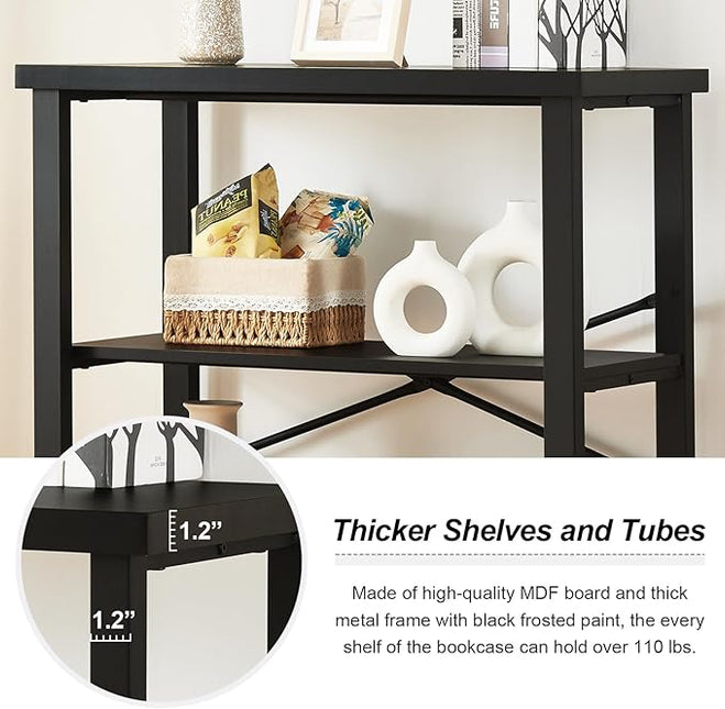 HOMBAZAAR Bookshelf, 3-Tier Vintage Industrial Book Shelf, Rustic Wood and Metal Bookcase and Bookshelves, Free Standing Storage Small Bookshelf for Living Room, Bedroom and Kitchen, Black - LeafyLoom