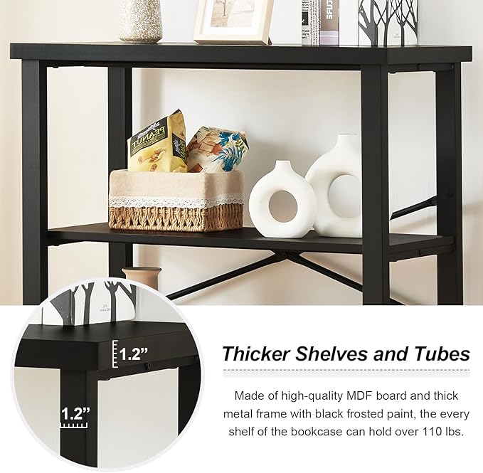 HOMBAZAAR Bookshelf, 3-Tier Vintage Industrial Book Shelf, Rustic Wood and Metal Bookcase and Bookshelves, Free Standing Storage Small Bookshelf for Living Room, Bedroom and Kitchen, Black - LeafyLoom