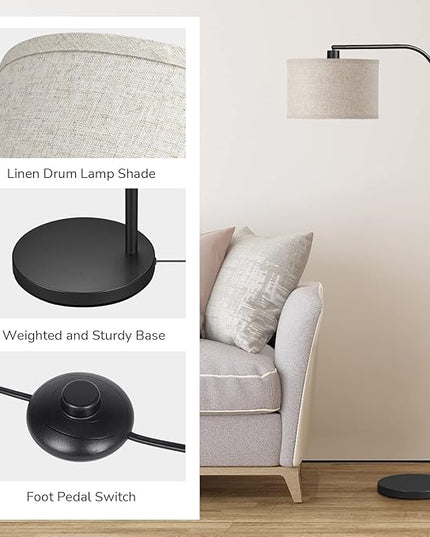 EDISHINE Modern Black Arched Floor Lamp, Metal Standing Arc Lamp with Foot Switch, Corner Reading Light with Hanging Lampshade for Living Room, Bedroom, Home Office, Study Room, Reading Corner - LeafyLoom