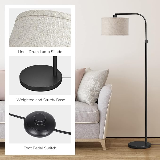 EDISHINE Modern Black Arched Floor Lamp, Metal Standing Arc Lamp with Foot Switch, Corner Reading Light with Hanging Lampshade for Living Room, Bedroom, Home Office, Study Room, Reading Corner - LeafyLoom