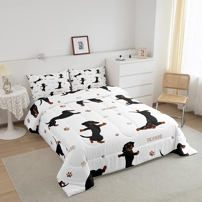 Feelyou Sausage Dog Bedding Set Boys Dachshund Comforter Set for Kids Teens Ultra Soft Puppy Dog Comforter Kawaii Pet Brown Duvet Set Room Decor Twin Size Quilt Set - LeafyLoom