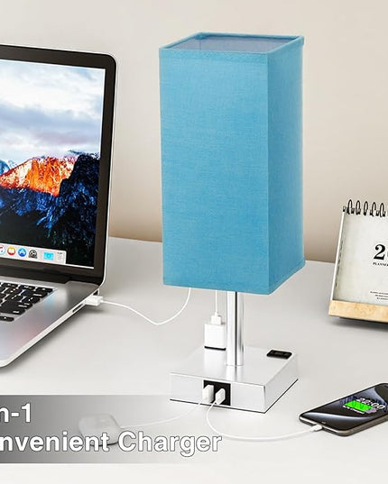 Touch Bedside Table Lamp For Nightstand - 3-Way Dimmable Night Lamp with USB A + Type C Charging Ports and two AC Outlets, Small Desk Light with E26 Bulb for Bedroom Living Room Dorm, Turquoise - LeafyLoom