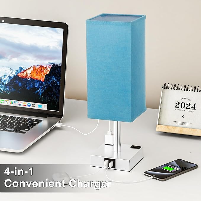Touch Bedside Table Lamp For Nightstand - 3-Way Dimmable Night Lamp with USB A + Type C Charging Ports and two AC Outlets, Small Desk Light with E26 Bulb for Bedroom Living Room Dorm, Turquoise - LeafyLoom