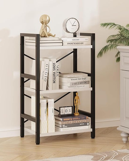 Bookshelf, 3 Tier Industrial Bookcase, Metal Small Bookcase, Rustic Etagere Book Shelf Storage Organizer for Living Room, Bedroom, and Home Office(White) Patent Pending D29873033 - LeafyLoom
