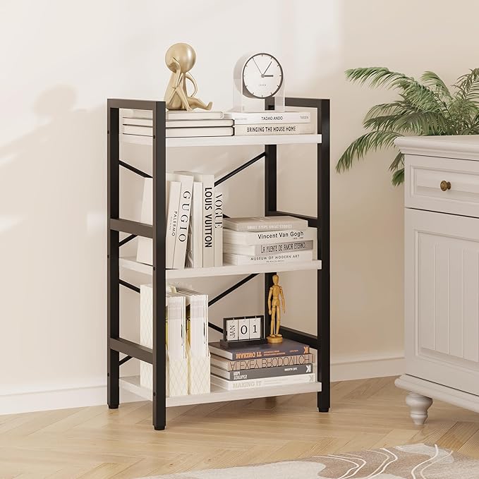Bookshelf, 3 Tier Industrial Bookcase, Metal Small Bookcase, Rustic Etagere Book Shelf Storage Organizer for Living Room, Bedroom, and Home Office(White) Patent Pending D29873033 - LeafyLoom