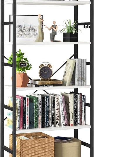 Yoobure 5 Tier Bookshelf - Tall Book Shelf Modern Bookcase for CDs/Movies/Books, Rustic Book Case Industrial Bookshelves Book Storage Organizer for Bedroom Home Office Living Room White - LeafyLoom