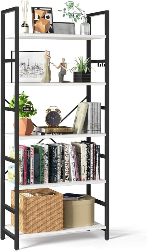 Yoobure 5 Tier Bookshelf - Tall Book Shelf Modern Bookcase for CDs/Movies/Books, Rustic Book Case Industrial Bookshelves Book Storage Organizer for Bedroom Home Office Living Room White - LeafyLoom