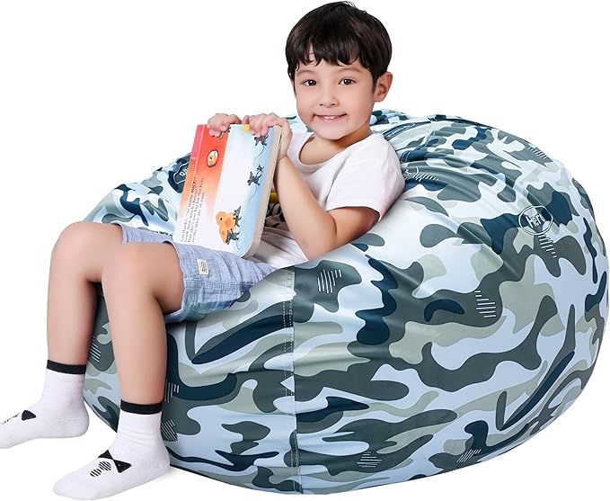 Lukeight Stuffed Animal Storage Bean Bag Chair Cover for Kids, Zipper Beanbag Chair Cover for Organizing Toddler & Kids' Rooms Plush Toys (Camo Velvet, X-Large) - LeafyLoom