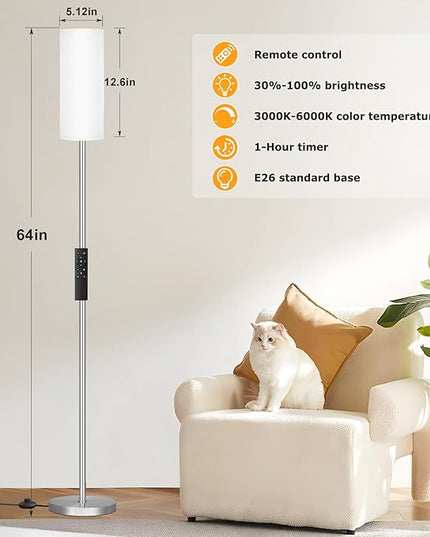 Ambimall 64'' Floor Lamps for Living Room with Remote Control and Stepless Dimmable Colors Temperature & Brightness, 9W Bulb Included(White Lampshade & Silver Pole) - LeafyLoom