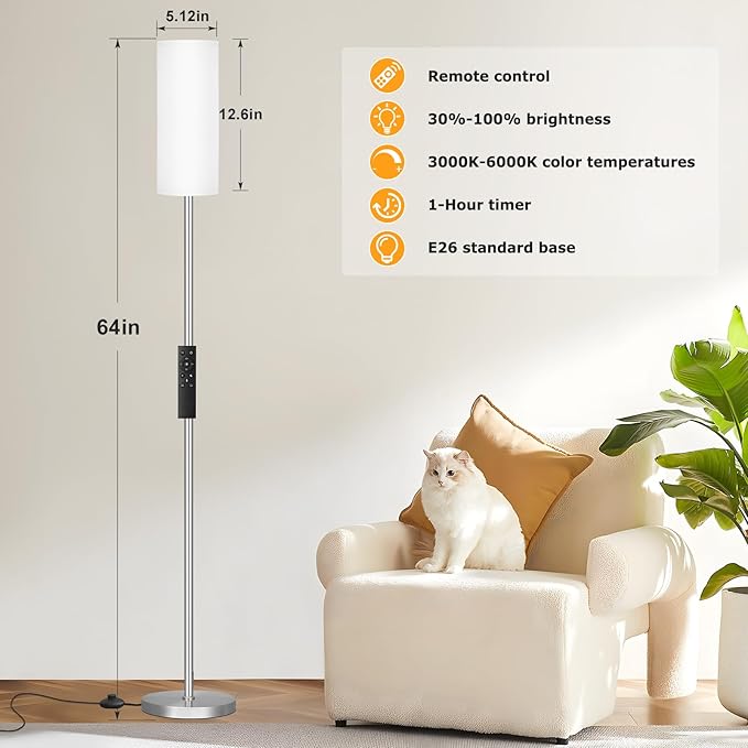Ambimall 64'' Floor Lamps for Living Room with Remote Control and Stepless Dimmable Colors Temperature & Brightness, 9W Bulb Included(White Lampshade & Silver Pole) - LeafyLoom