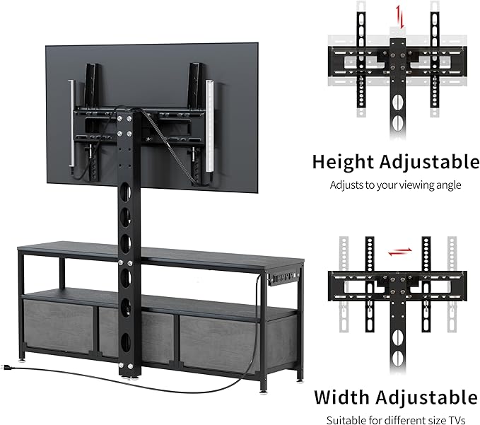 JUSTOGO TV Stand with Mount and Power Outlet, TV Stand Mount with Storage for Living Room, Entertainment Center with LED Lights for 45/55/60/65 inch TVs, Height Adjustable Media Console, Black - LeafyLoom