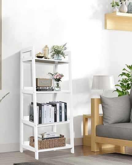 ECOMEX 4-Tier Ladder Shelf, Solid Pine Frame, 20 lbs Capacity per Partition, Modern Style, Home Office, Bedroom (White) - LeafyLoom