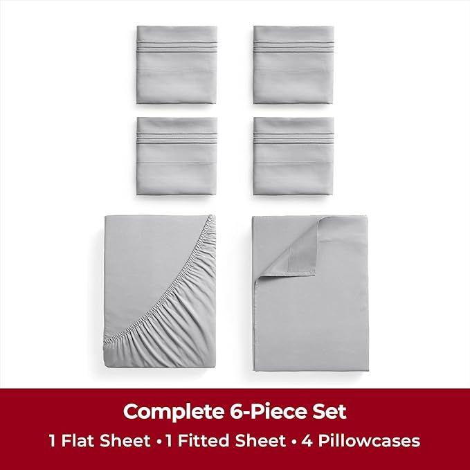 Mellanni Queen Sheets Set - 6 PC Iconic Collection Bedding Sheets & Pillowcases - Luxury, Ultra Soft, Cooling Bed Sheets - Deep Pocket up to 16 inch - 6 PC (Queen, Light Gray w/Extra Pillow Cases) - LeafyLoom