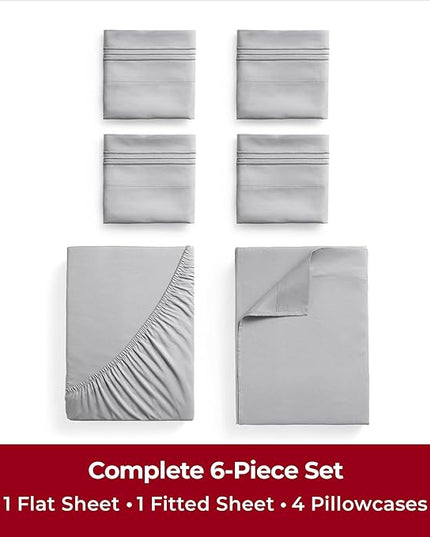 Mellanni King Sheets Set - 6 PC Iconic Collection Bedding Sheets & Pillowcases - Hotel Luxury, Ultra Soft, Cooling Bed Sheets - Deep Pocket up to 16 inch - 6 PC (King, Light Gray w/Extra Pillow Cases) - LeafyLoom