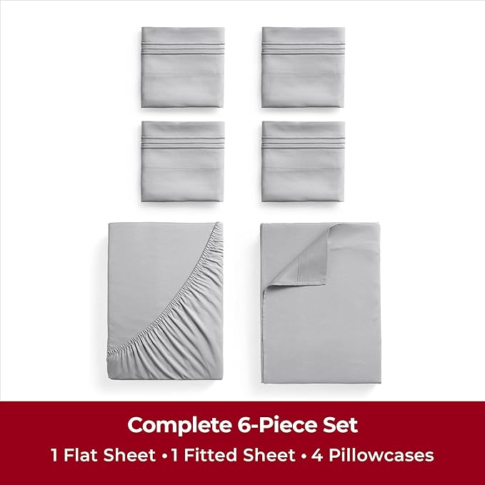 Mellanni King Sheets Set - 6 PC Iconic Collection Bedding Sheets & Pillowcases - Hotel Luxury, Ultra Soft, Cooling Bed Sheets - Deep Pocket up to 16 inch - 6 PC (King, Light Gray w/Extra Pillow Cases) - LeafyLoom