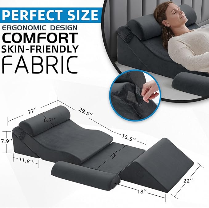 Axelrod 6PCS Orthopedic Bed Wedge Pillow Set, Post Surgery Foam for Back, Neck & Leg Pain Relief Comfortable & Adjustable Ortho Pillows- Anti Snoring, Heartburn, Acid Reflux & GERD Sleeping Dark Grey - LeafyLoom