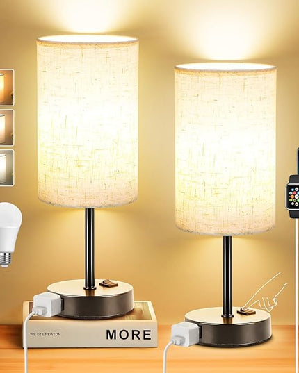 ZJOJO Table Lamp for Bedroom, Bedside Table Lamps Set of 2, Small Lamp with 3 Way Dimmable Desk Lamp Using Rocker Switch, Nightstand Lamp with AC Outlets for Living Room Home Decor - LeafyLoom