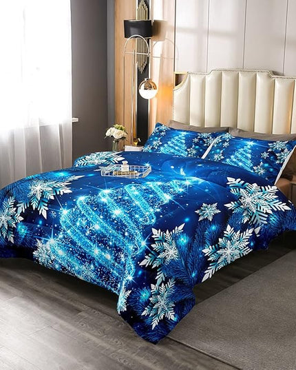 Feelyou Girls Christmas Tree Comforter Set Blue Xmas Theme Comforter Twin Chic Winter Snowflake Bedding Set for Girls Daughter Bedroom Decor Soft Girly Glitter Quilted Duvet Winter Warm Bedding - LeafyLoom