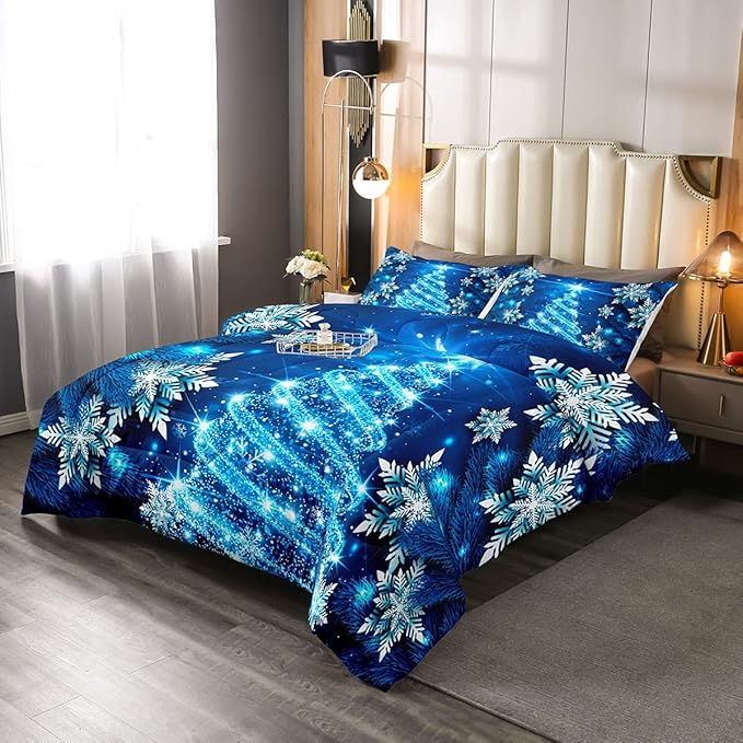 Feelyou Girls Christmas Tree Comforter Set Blue Xmas Theme Comforter Twin Chic Winter Snowflake Bedding Set for Girls Daughter Bedroom Decor Soft Girly Glitter Quilted Duvet Winter Warm Bedding - LeafyLoom