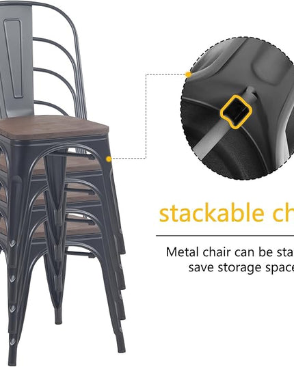 YOUNIKE Metal Dining Chairs Set of 4 Iron Stackable Removable Back Wood Seat Patio Chairs Rubber Feet Stylish Modern Indoor Outdoor Classic Chic Industrial Vintage Bistro Kitchen Matte Black - LeafyLoom
