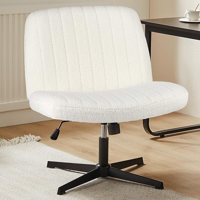 Sweetcrispy Criss Cross Chair Legged, Armless Office Desk Chair No Wheels, Swivel Vanity Chair, Height Adjustable Wide Seat Computer Task Chair, Fabric Vanity Modern Home Chair White - LeafyLoom