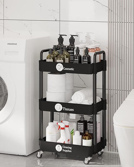 3-Tier Kitchen Storage Cart,Multifunction Utility Rolling Storage Organizer,Mobile Shelving Unit Cart with Lockable Wheels for Bathroom,Laundry,Living Room,With Classified Stickers,Black - LeafyLoom