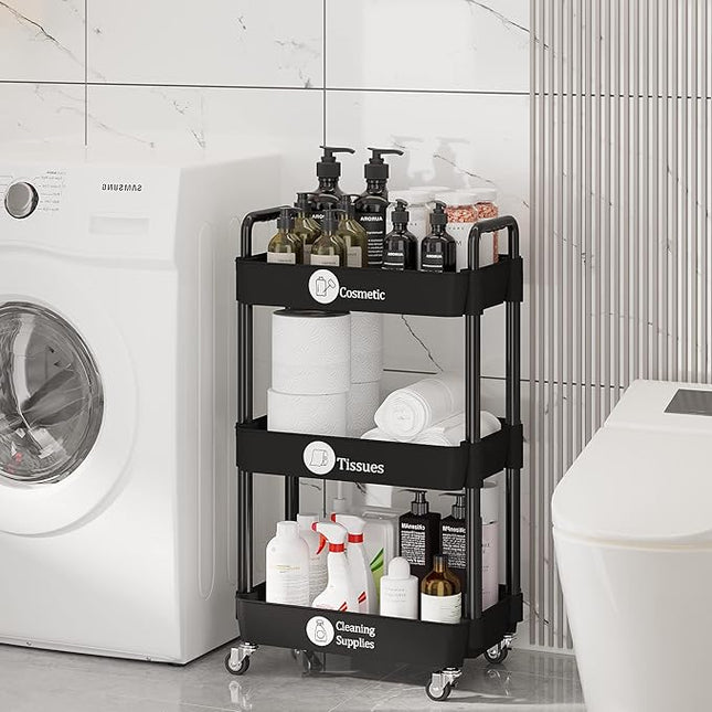 3-Tier Kitchen Storage Cart,Multifunction Utility Rolling Storage Organizer,Mobile Shelving Unit Cart with Lockable Wheels for Bathroom,Laundry,Living Room,With Classified Stickers,Black - LeafyLoom