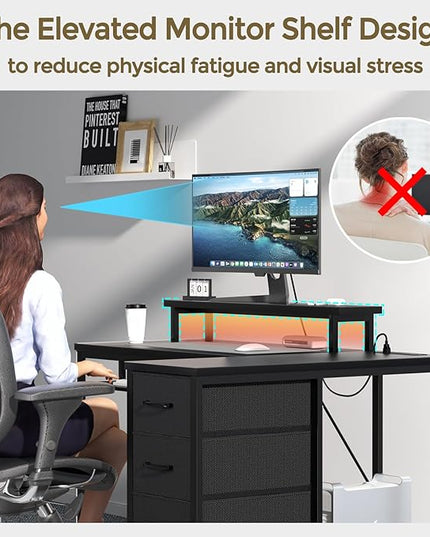Black L Shaped Desk with Drawers, Corner Desk with LED Light & Power Outlet, 47" Computer Desk with Monitor Stand & CPU Stand, for Home Office Small Space - LeafyLoom